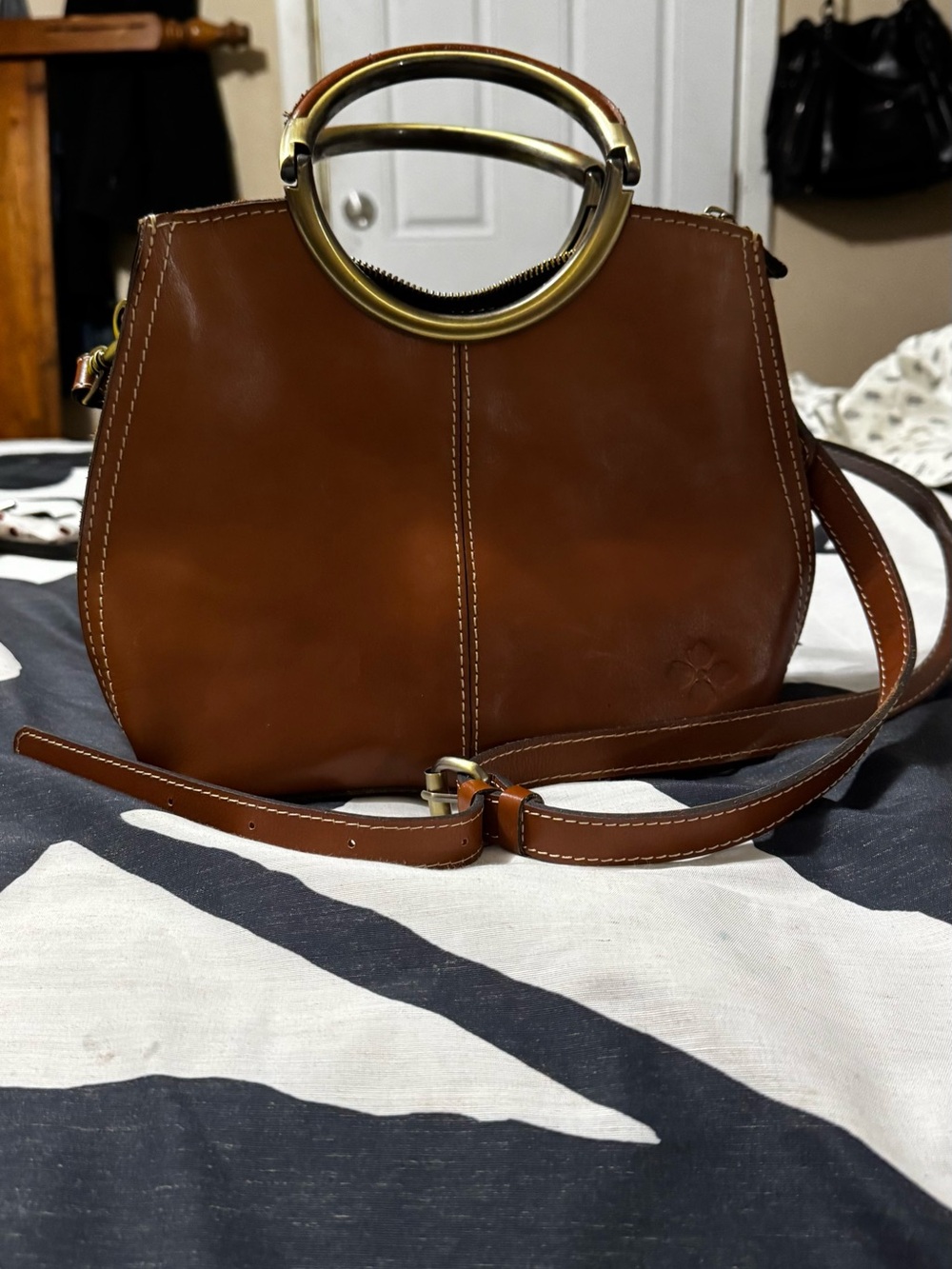Patricia Nash Cognac Leather Crossbody with Brass Ring Handles